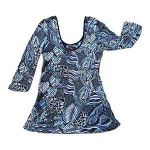 Salaam Tunic Top Spandex Vibrant Blue Graphic Print/ Leaves Size Small